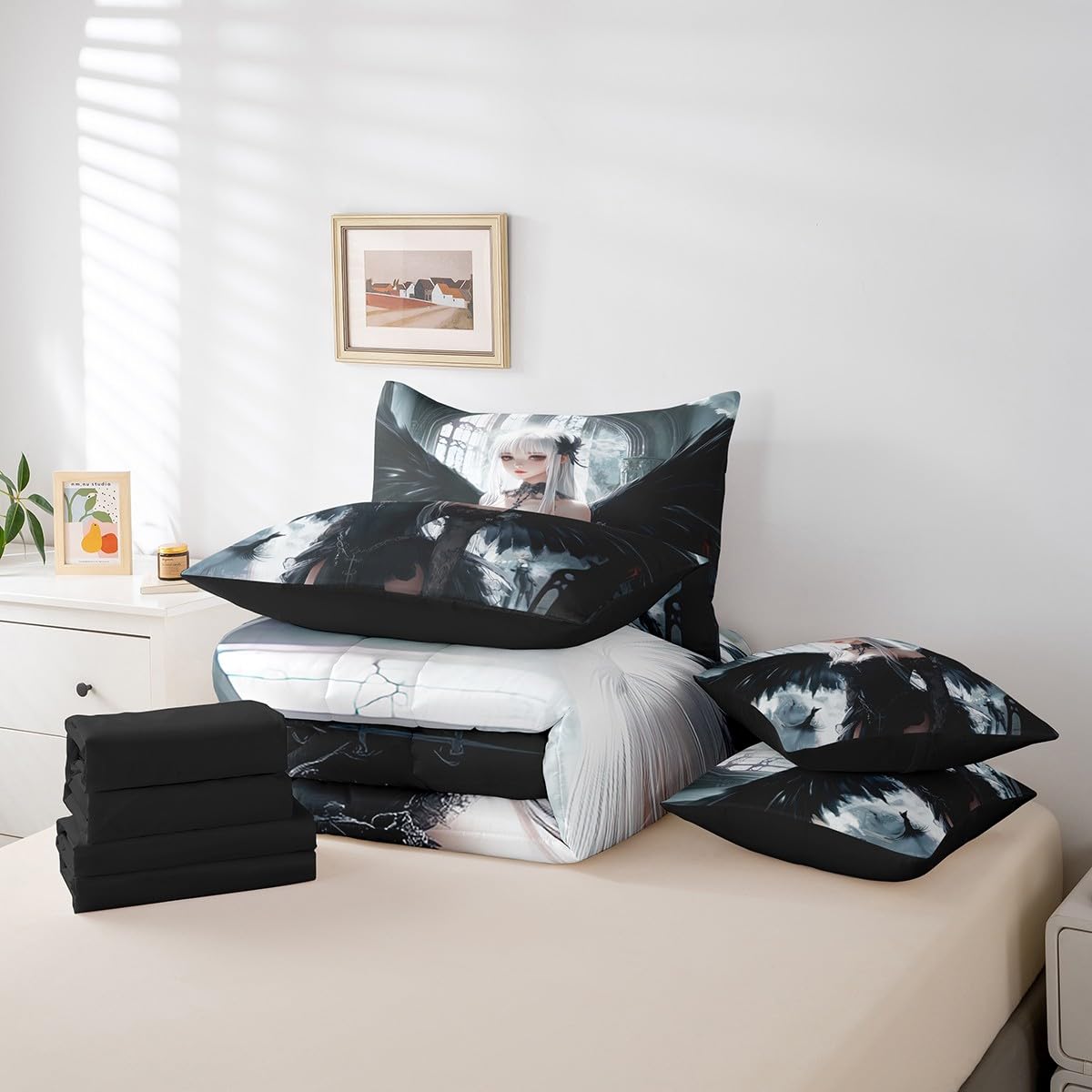 Erosebridal Anime Girl Bedding Sets 7 Piece Twin Size, Kawaii Japanese Anime Comforter Set for Kids Boys Teens Adult, Cartoon Girl Bed in A Bag Japan Animation Sheet Set, Machine Washable