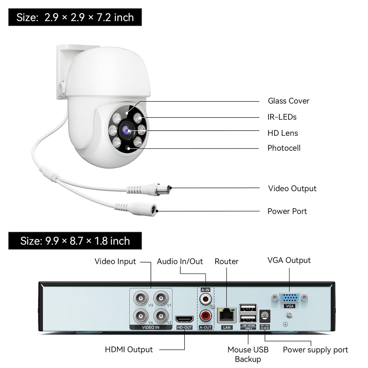 VORGUT Wired Security Camera System Outdoor, 4pcs Pan/Tilt CCTV Cameras and 4CH 5MP Lite AHD TVI DVR (500GB HDD), 360° View Surveillance DVR Kit, Motion Detection, 24/7 Recording, Remote Access