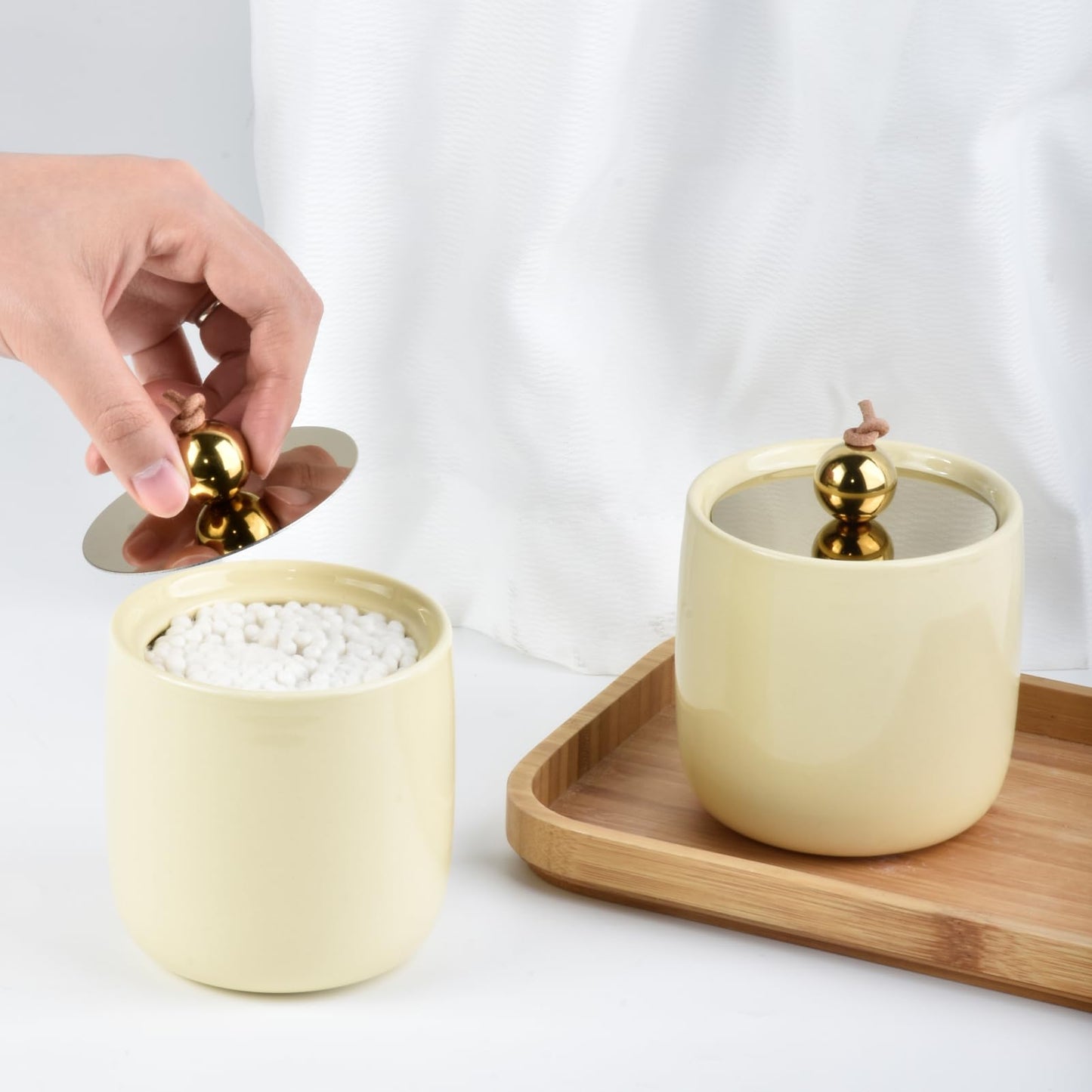 Ceramic Qtip Holder Dispenser with Gold Lids 2 Pack, Yellow Apothecary Jars Bathroom Vanity Organizer for Home Decor Bathroom Canister for Cotton Swabs, Rounds, Balls, Makeup Sponges, Bath Salts