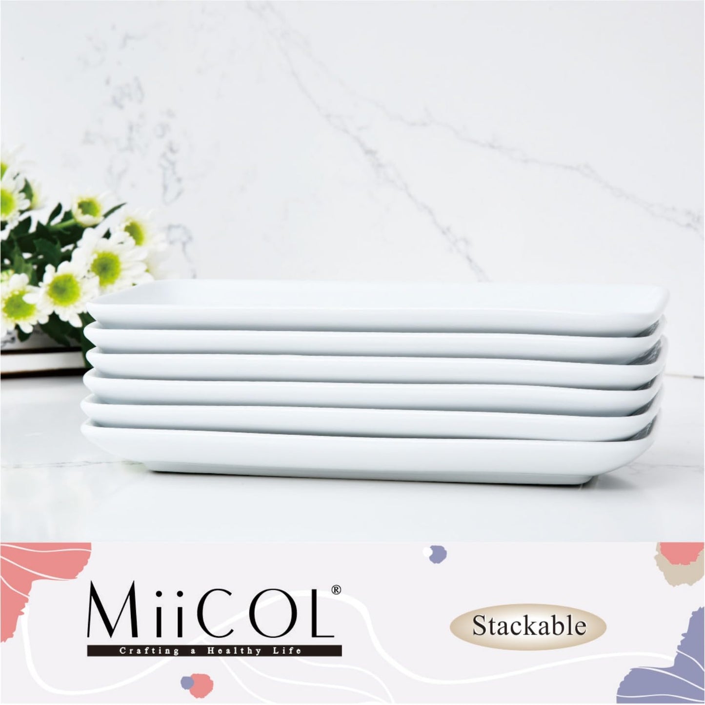 Miicol Small Platters Set of 6, Ceramic Rectangle Plates 9 Inch, Modern Sushi Plate Set, White Serving Dishes for Serving Food, Appetizer, Dessert, Dinner, Party