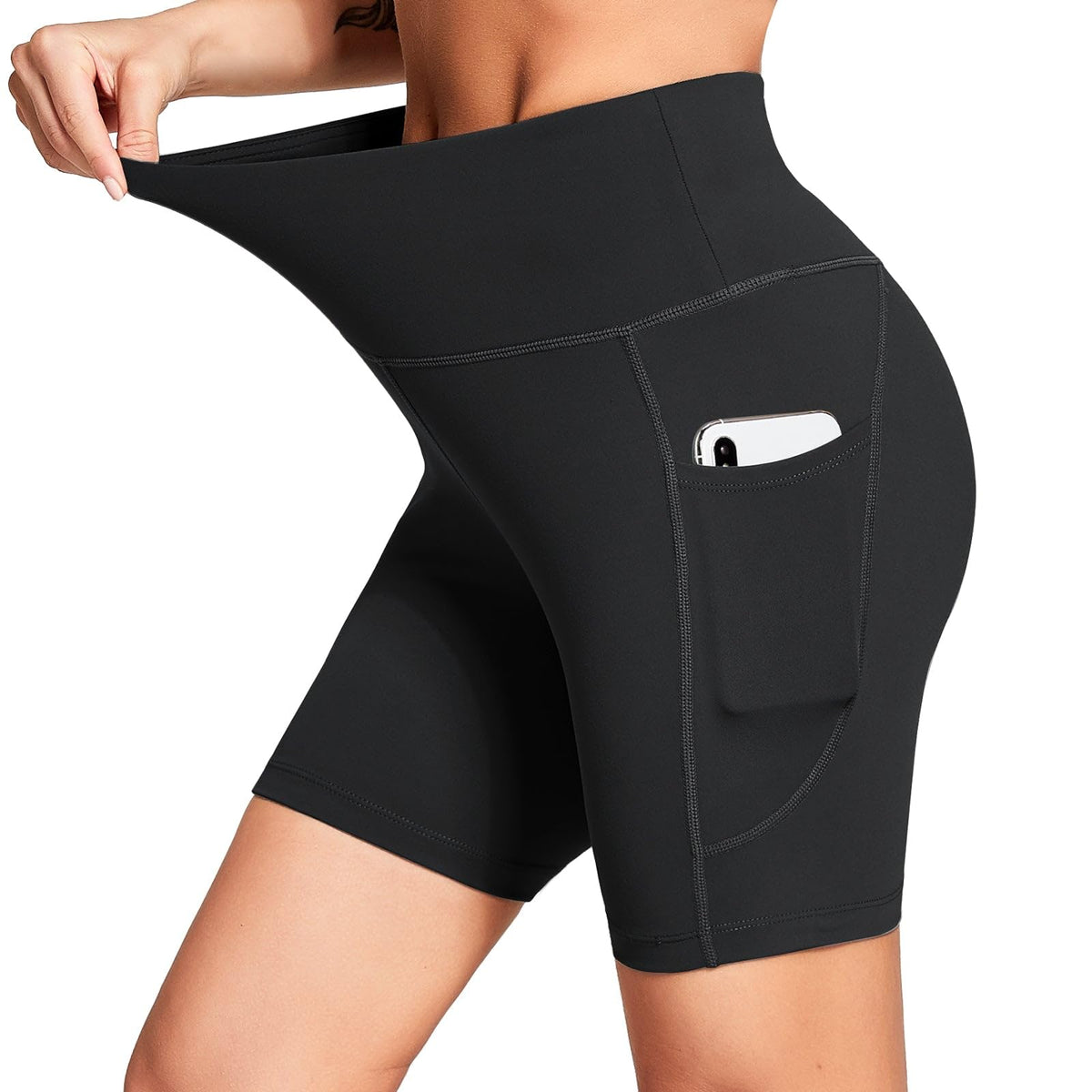 baleaf Women's 6" High Waisted Biker Shorts Gym Workout Yoga Running Athletic Spandex Shorts with Pockets Black M