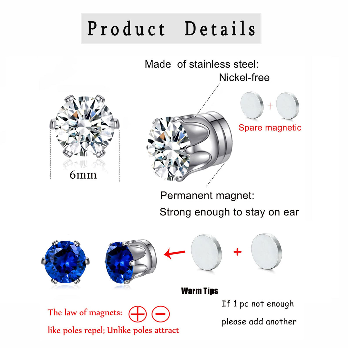 Spiritlele 12 Pairs Silver Small Big Cubic Zirconia Magnetic Earrings Clip on Non Piercing Earrings Set Unisex 4MM-7MM