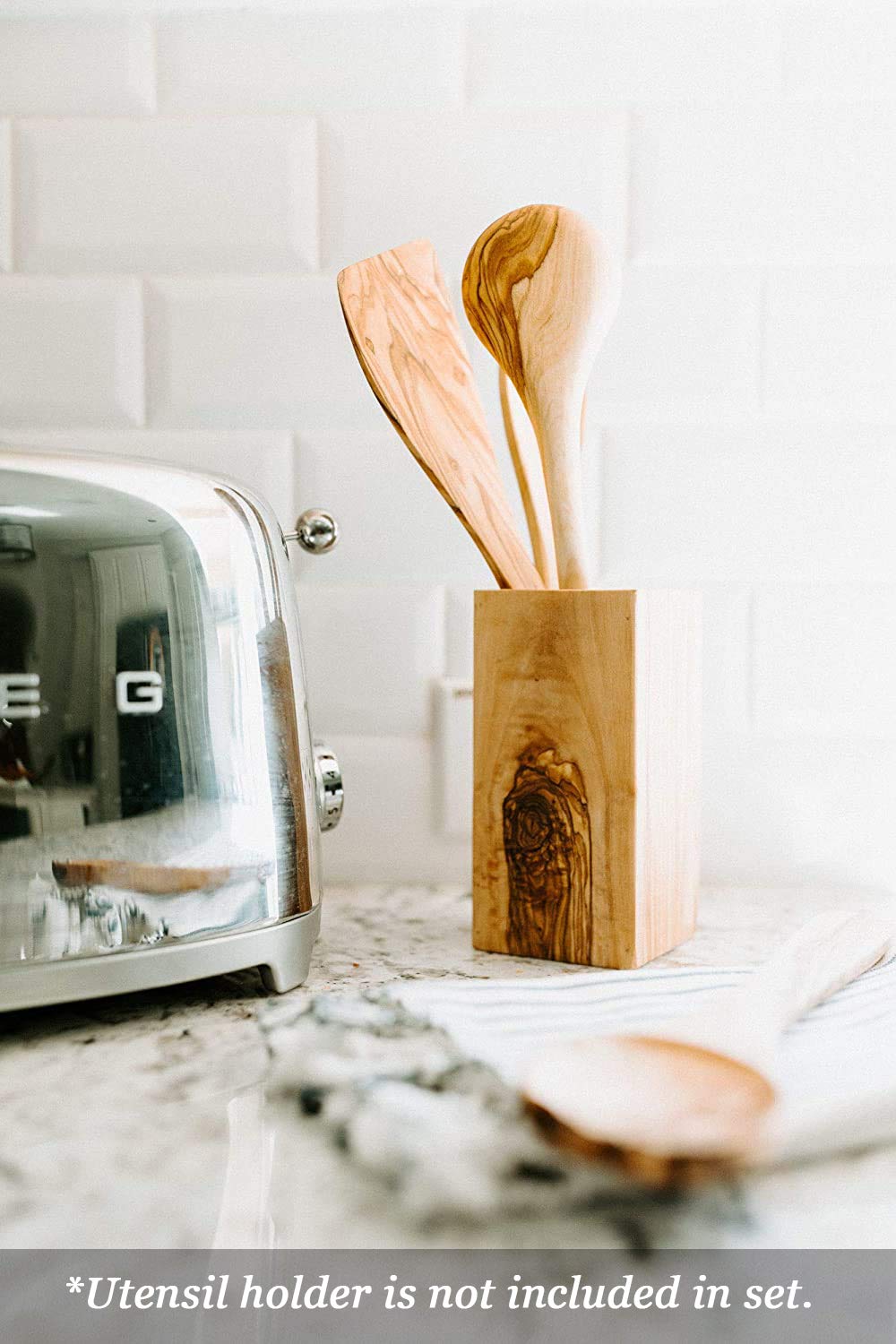 Tramanto Olive Wood Utensil Set - 5 Piece Spatula and Spoon Wooden Cooking Tools, 12 Inch Long, Rustic Hand Made with Gift Box