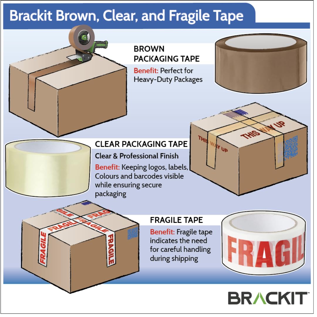 brackit Packing Tape Set Brown and Fragile and Clear with Dispenser, 48mm x 66m, Pack of 6 Rolls – Strong Seal Tape for Regular Packing Use or Moving