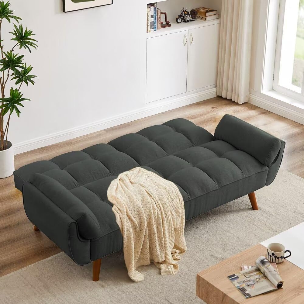 Trygoal Convertible Futon Sofa Bed, Modern Futon Couch with 2 Pillows, Small Futons Couch with Adjustable Armrest & Backrest, Loveseat Sofa Bed for Living Room, Bedroom, Black