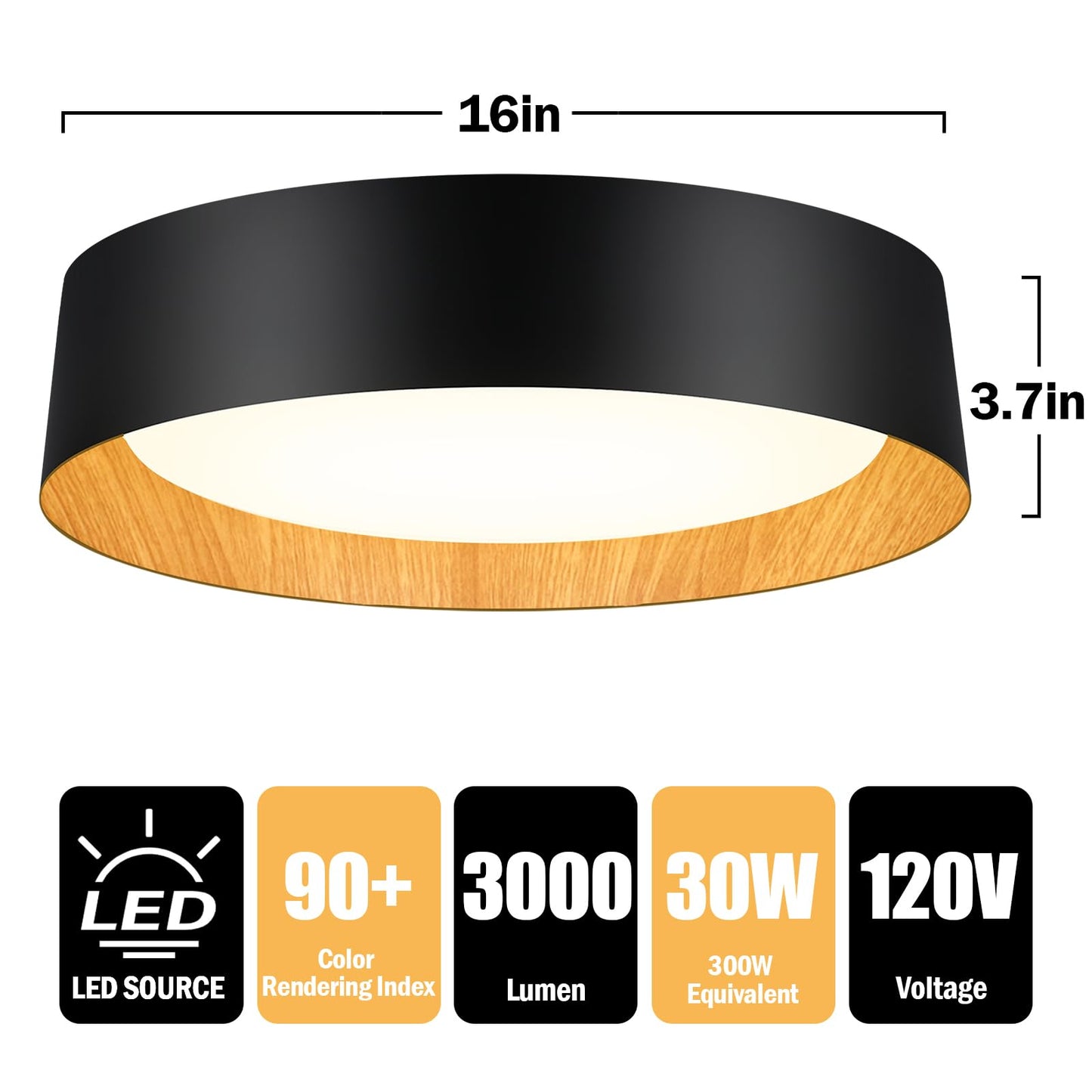 BrightHome 2-Pack 16in Flush Mount Ceiling Light, 3000LM 30W(300W Equiv), LED Ceiling Light Fixture 5CCT 2700K 3000K 4000K 5000K 6000K, Dimmable Ceiling Lamp for Bathroom Hallway, Black and Wood