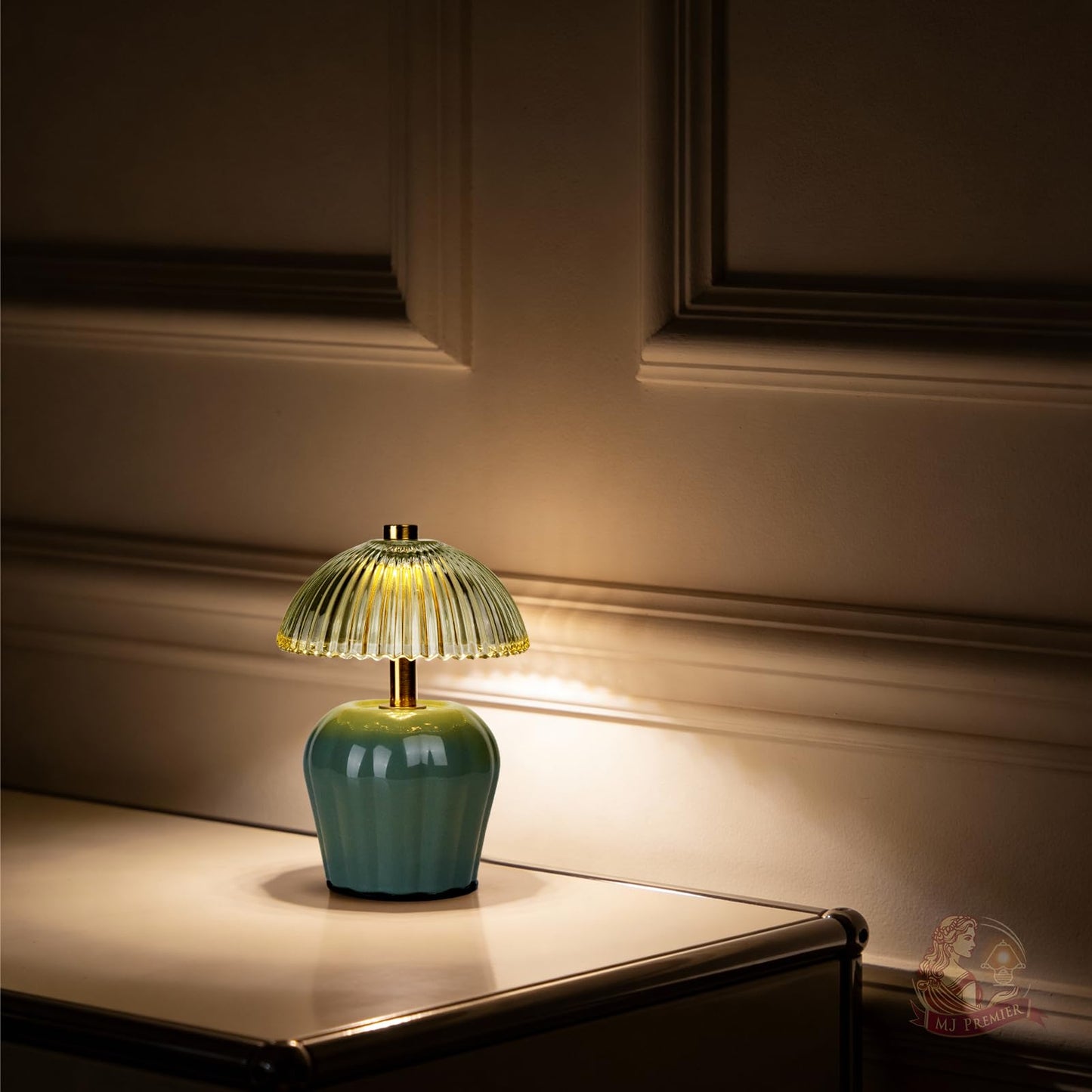 MJ PREMIER Rechargeable Table Lamp, Cordless Lamp with Timer, Mini Glass Mushroom Lampshade, Small Table Lamps, Decorative Led Light for Bedroom Living Room Shelf (Green)
