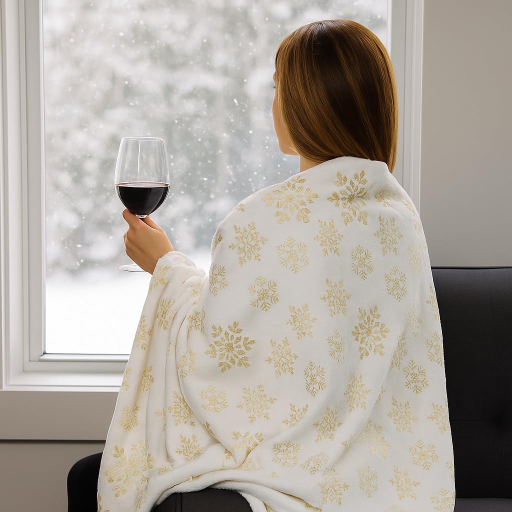 Serafina Home Christmas Holiday Throw Blanket: Velvelty Soft, Durable Fleece Accent for Bed or Couch (Golden Snowflakes, 50 x 60 inches)