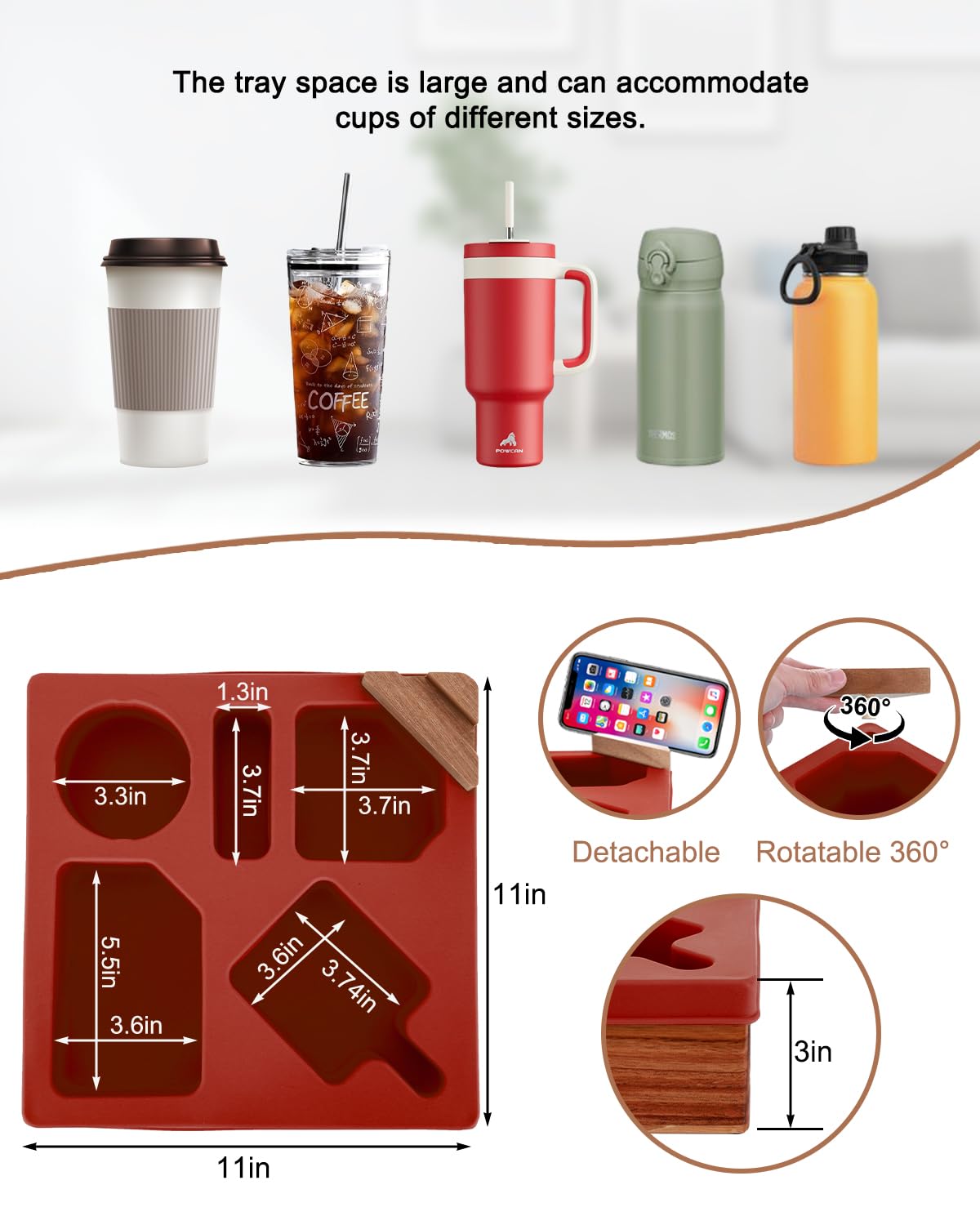 Couch Cup Holder Tray, Silicone Wooden Couch Caddy with Cup Holder for Snacks, Drinks, Remotes, Waterproof Cup Holder for Couch, Organizer, Couch Drink Holder, (red)