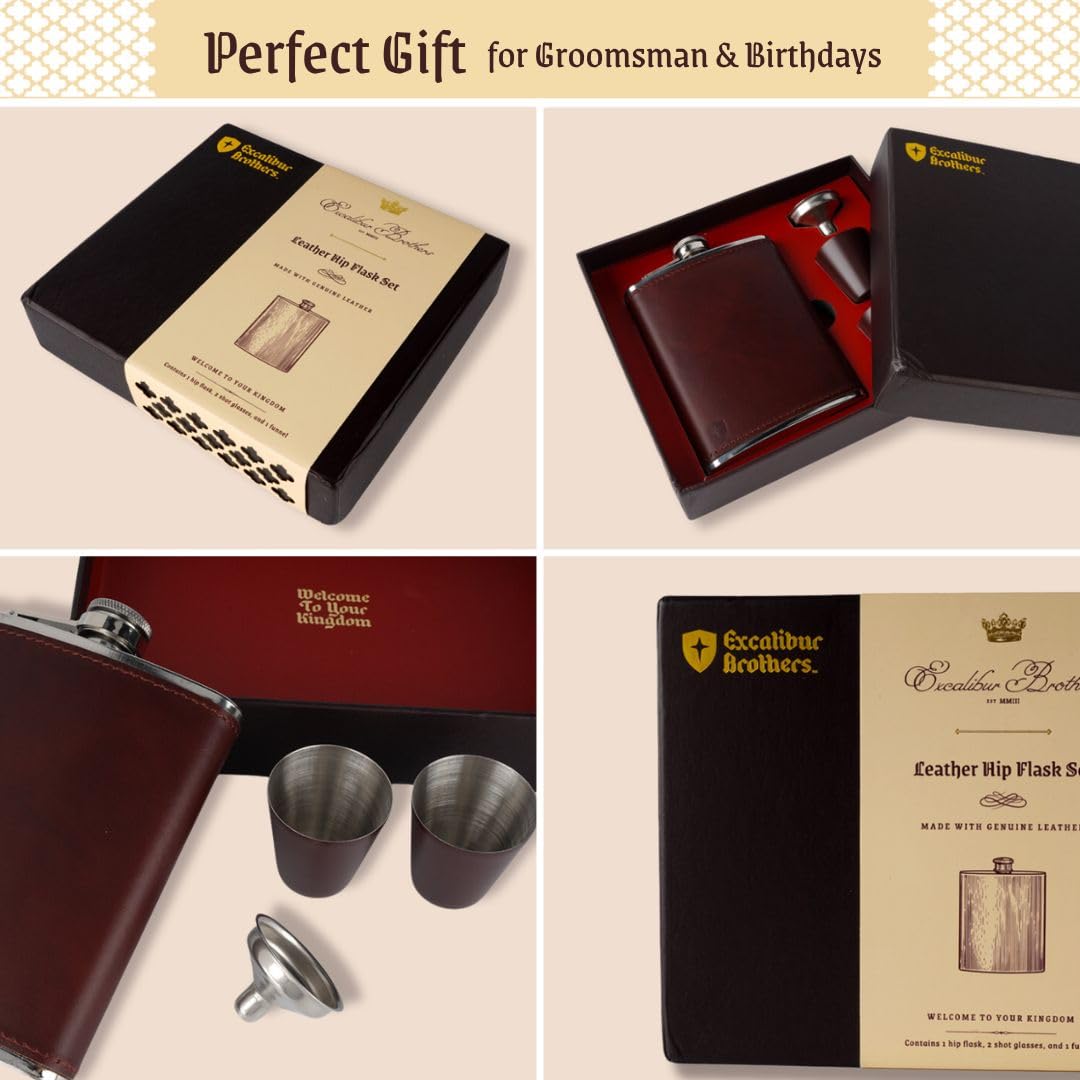 Men's Leather Flask (Brown) with 2 Cups and Funnel - 100% Leak Proof with Stainless Steel and Premium Leather, Gift Set for Father, Grandfather, Boyfriend, and Groomsmen