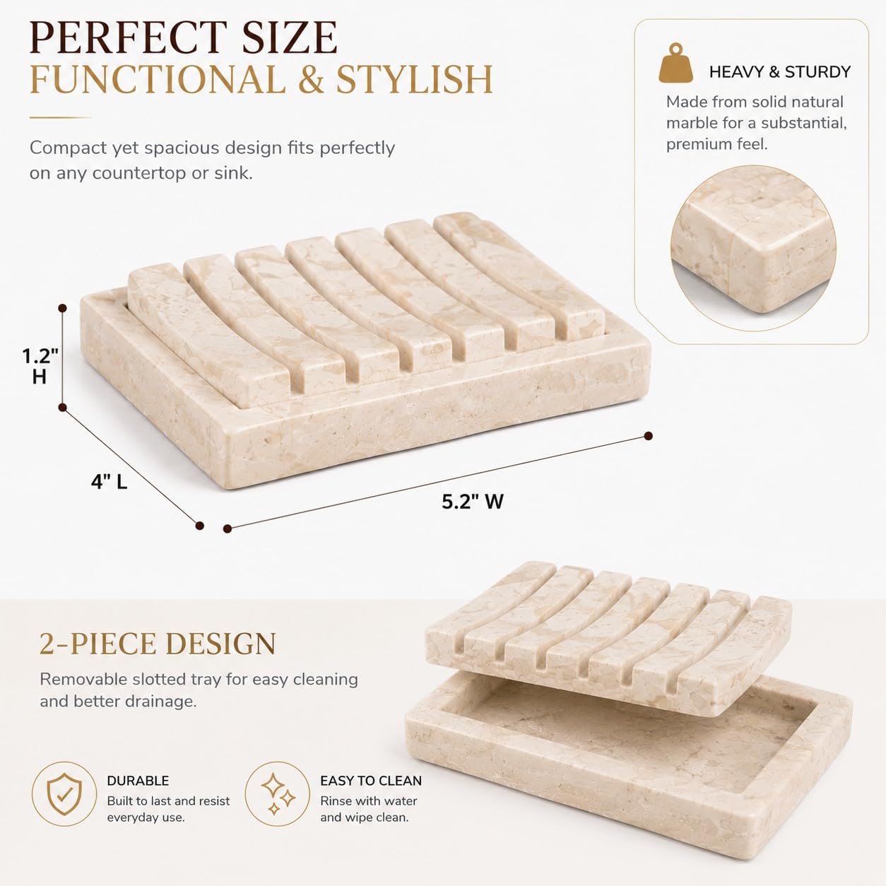 Creative Home Natural Champagne Marble Soap Dish, Beige, 5.2" x 4"