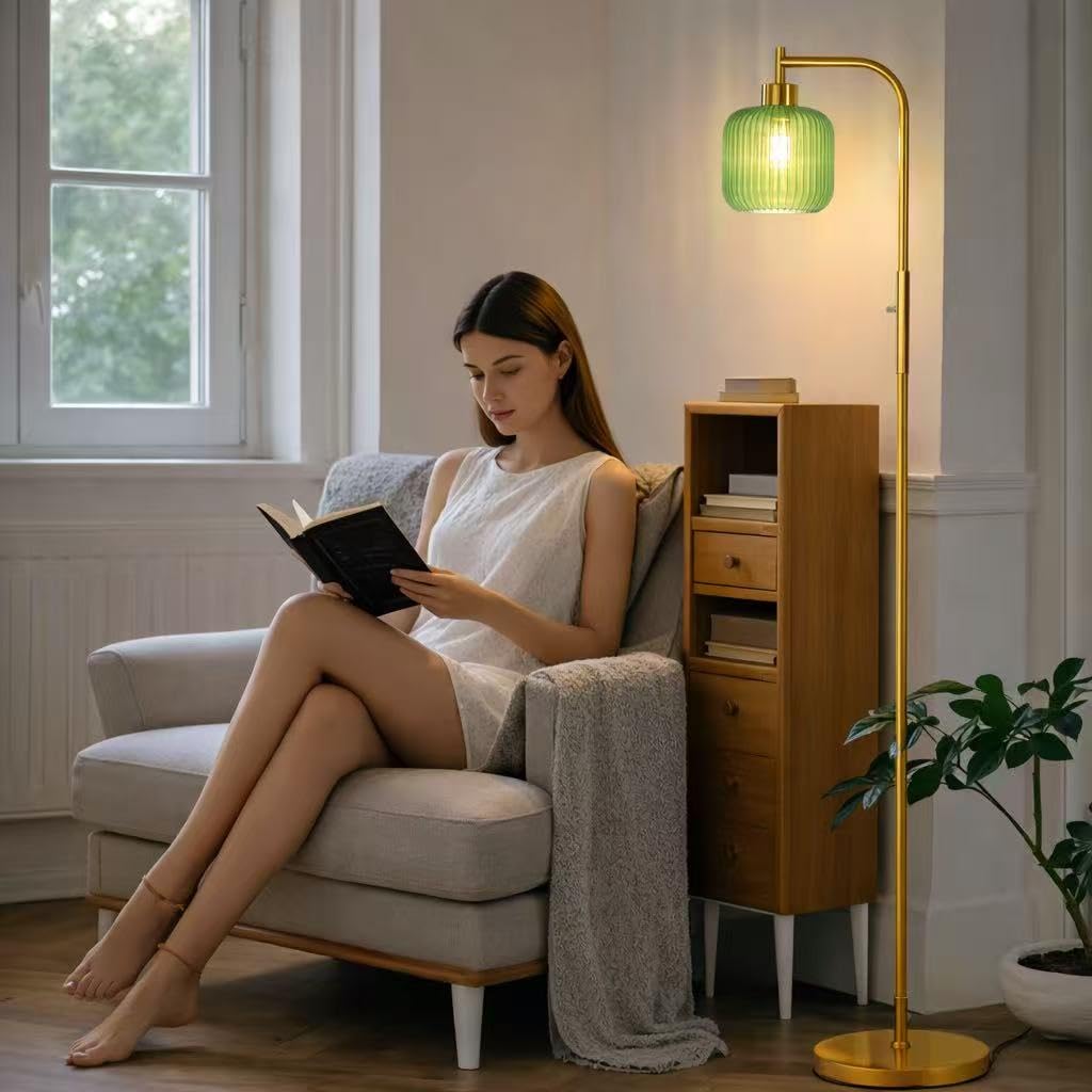 Ruiever Glass Floor Lamp for Living Room, Dimmer Standing Lamp with Green Ribbed Lampshade,66” Tall Lamp & Gold Floor Lamp for Bedroom Study Room,Brushed Gold (Drum Green Glass Shade)