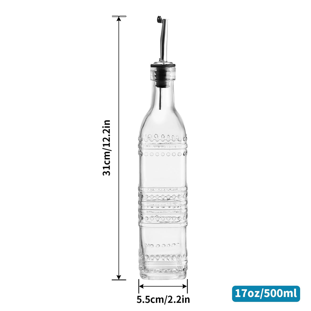 MDLUU Oil and Vinegar Dispenser Set, 17oz Clear Glass Olive Oil Bottles, Kitchen Vinegar Decanters with 3 Spouts, 3 Plugs, 1 Funnel, Pack of 3