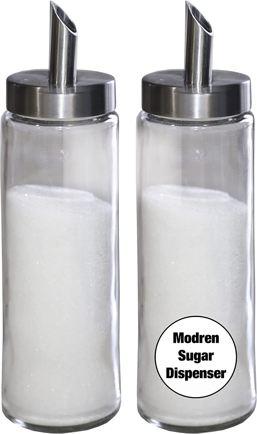 Neat Pour Sugar Dispenser, Shaker & Pourer - MODERN STYLE Brushed Nickel with Stainless Steel Lid, Dishwasher Safe for Sugar, Salt, Cocoa, Sprinkles. 8.4oz for coffee, tea, and baking (Pack of 2)