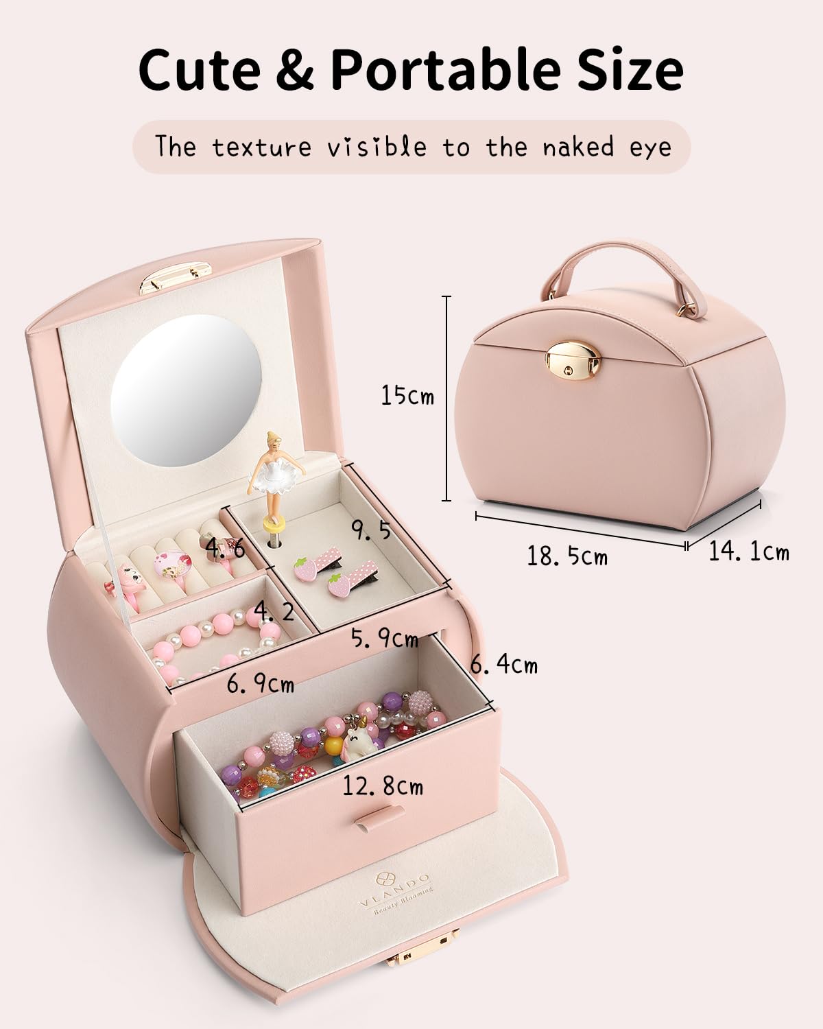 Vlando Girls Jewellery Box with Drawer, Music Box with Ballerina and Stickers for Bedroom Decor, Gifts for Girls Kids, Pink