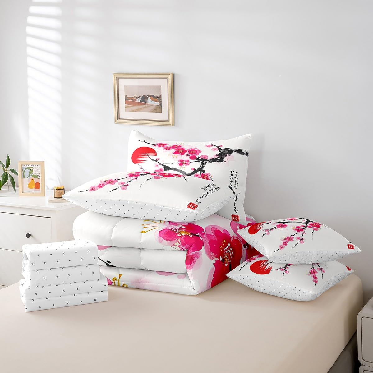 Erosebridal 7 Piece Japanese-Style Bed in a Bag Full for Adult Women Cherry Blossoms Sheet Set Ukiyo-E Theme Bedding with Comforter Girls Boys Teens Nature Flowers Cushion Covers
