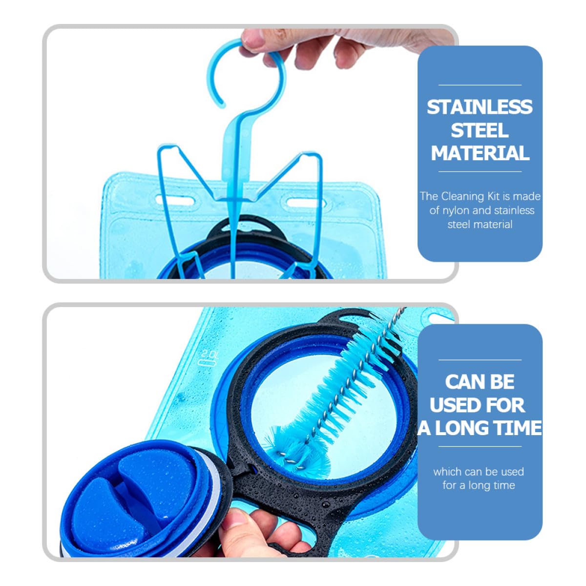 KALLORY Wear-Resistant Hydration Bladder Brush Set with Stainless Steel Tube Spring Cleaner, Compact Daily Use Water Bag and Hose Cleaning Kit for Outdoor and Household Use, Blue