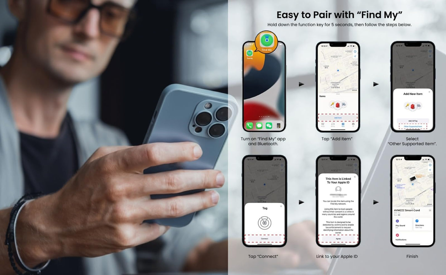 MFi Certified Wallet Tracker Card, Ultra-Slim 0.07in Rechargeable Item Finder, Compatible with Find My App (iOS Only), IP68 Waterproof Bluetooth Tracker Perfect for Wallets, Bags, Passport
