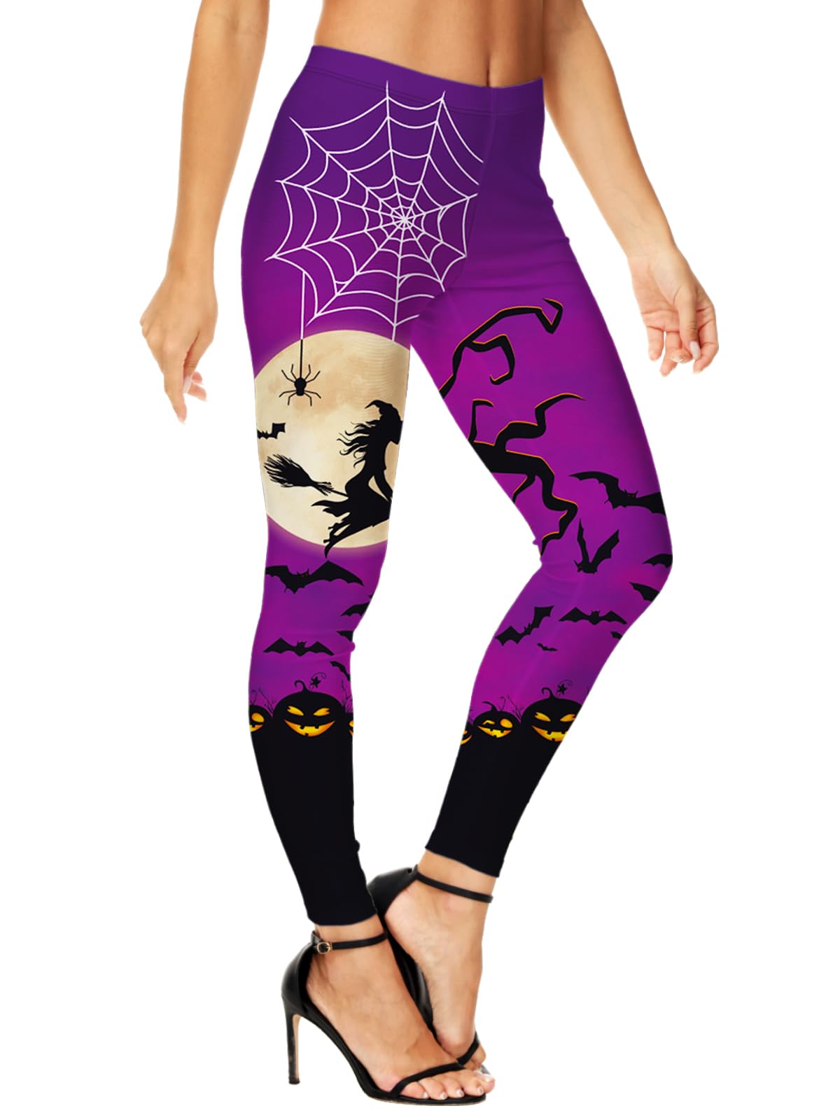 Women Halloween Leggings Scary 3D Printed Witch Purple High Waist Stretchy Tight Pants L