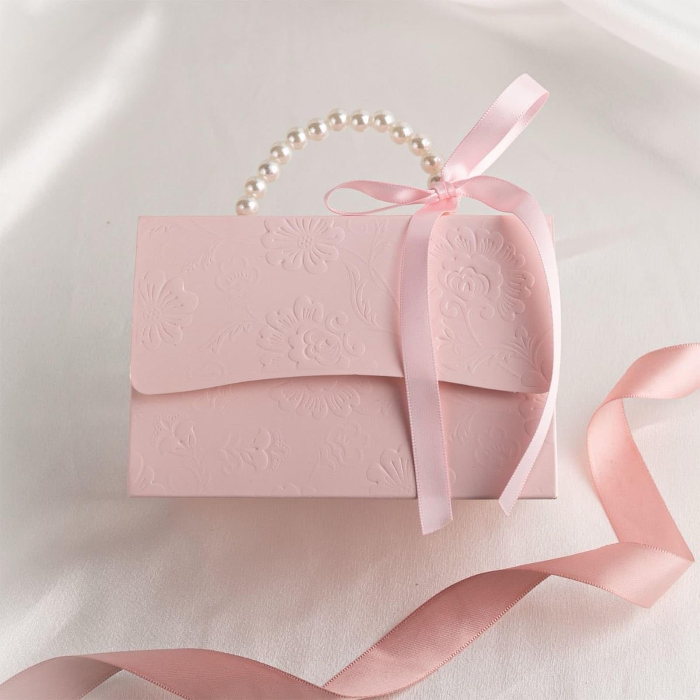 motoeye 10Pcs Pink Pearl Paper Gift Boxes for Wedding Favors, Elegant Bridesmaid and Party Favor Boxes with Ribbon, Ideal for Bridal Shower, Baby Shower, and Special Occasions (Pink, L)
