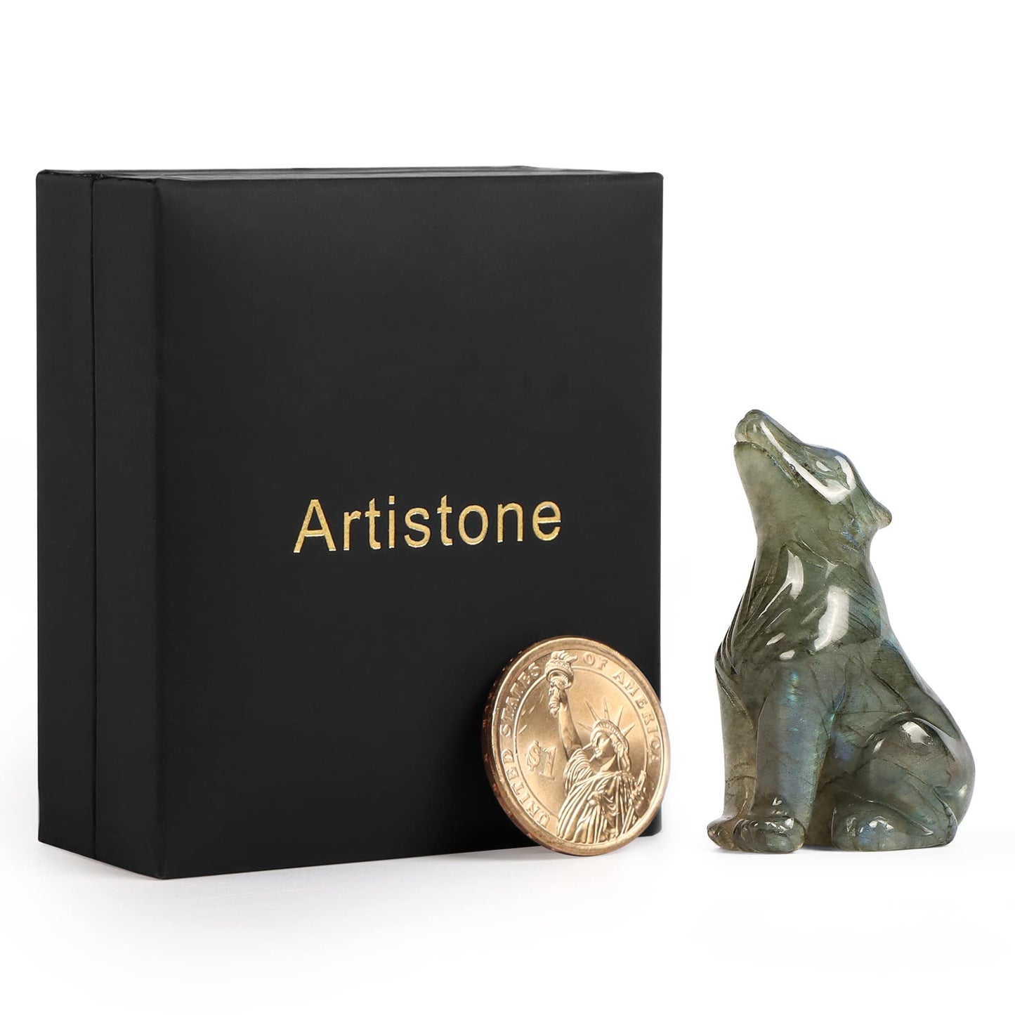 Artistone Labradorite Crystal Wolf Statue 2.0 inch Hand Carved Gemstone Wolf Figurine Small Animal Carvings Collective Healing Stones for Home Decor Reiki Gifts