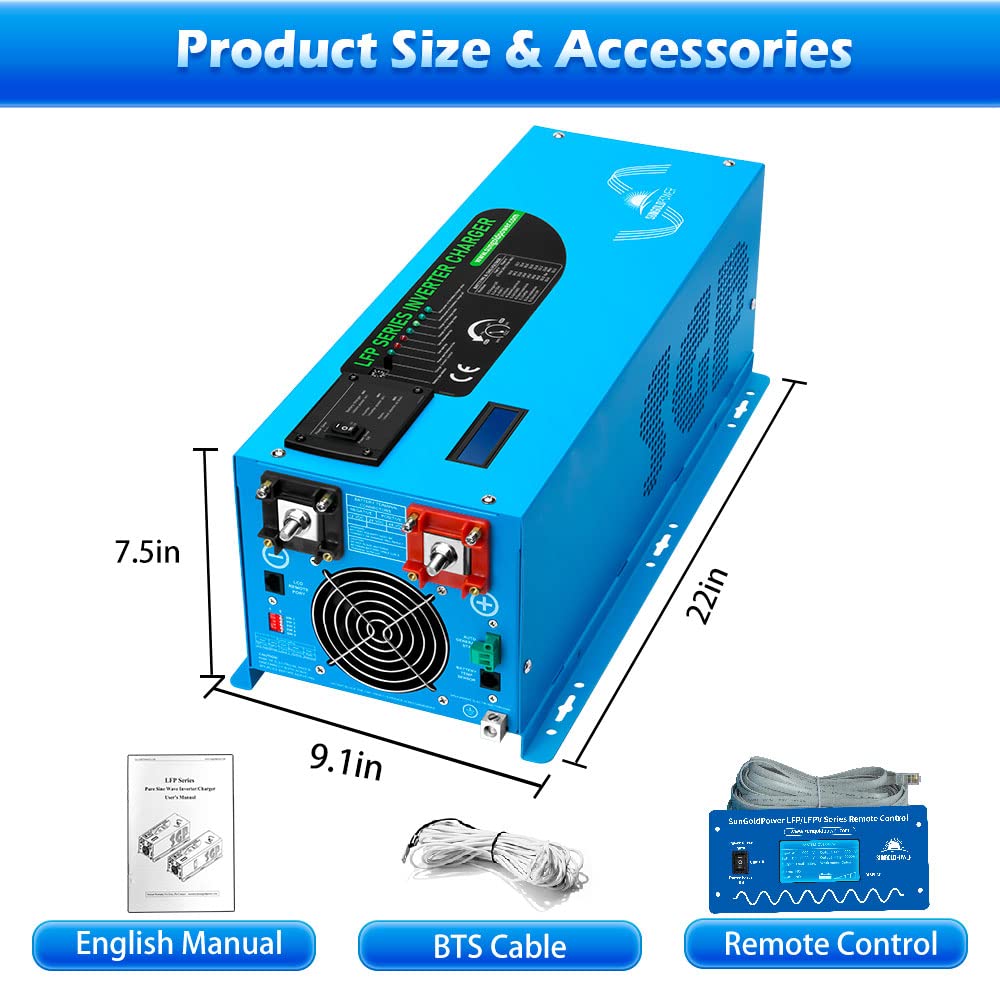 Sungoldpower 3000W DC 12V Peak 9000W Inverter Charger Pure Sine Wave, AC 120V with 90A Battery AC Charger, LCD Display & Remote Control, Low Frequency Inverter, for RV, Trailer, Camper, Home, Boat