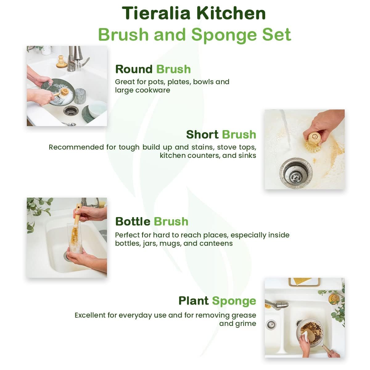 Tieralia Bamboo Dish Brush Gift Set โ 5-Piece Kitchen Cleaning Set with Bottle Brush, Round Scrub Brush, Palm Brush & 2 Plant-Based Sponges | Wooden Handle Cleaning Tools for Dishes & Surfaces