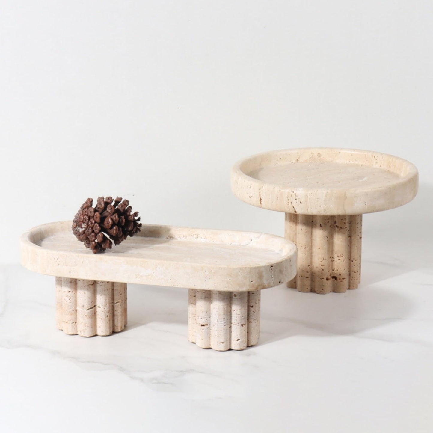 SAIDKOCC Natural Marble Decorative Tray, Scalloped Modern Vanity Organizer for Perfume, Candles, Jewelry Dish (Beige Travertine)