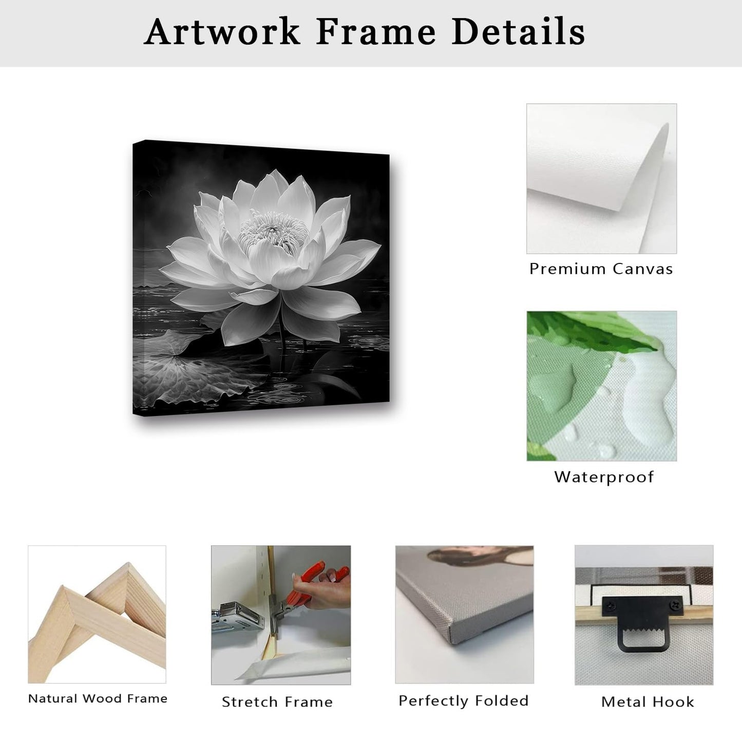 LZIMU Black White Zen Canvas Wall Art Blossom Lotus Picture Water Lily Prints Spiritual Artwork for Bathroom Meditation Yoga Spa Room Decor(Picture-3, (12.00" x 12.00"))