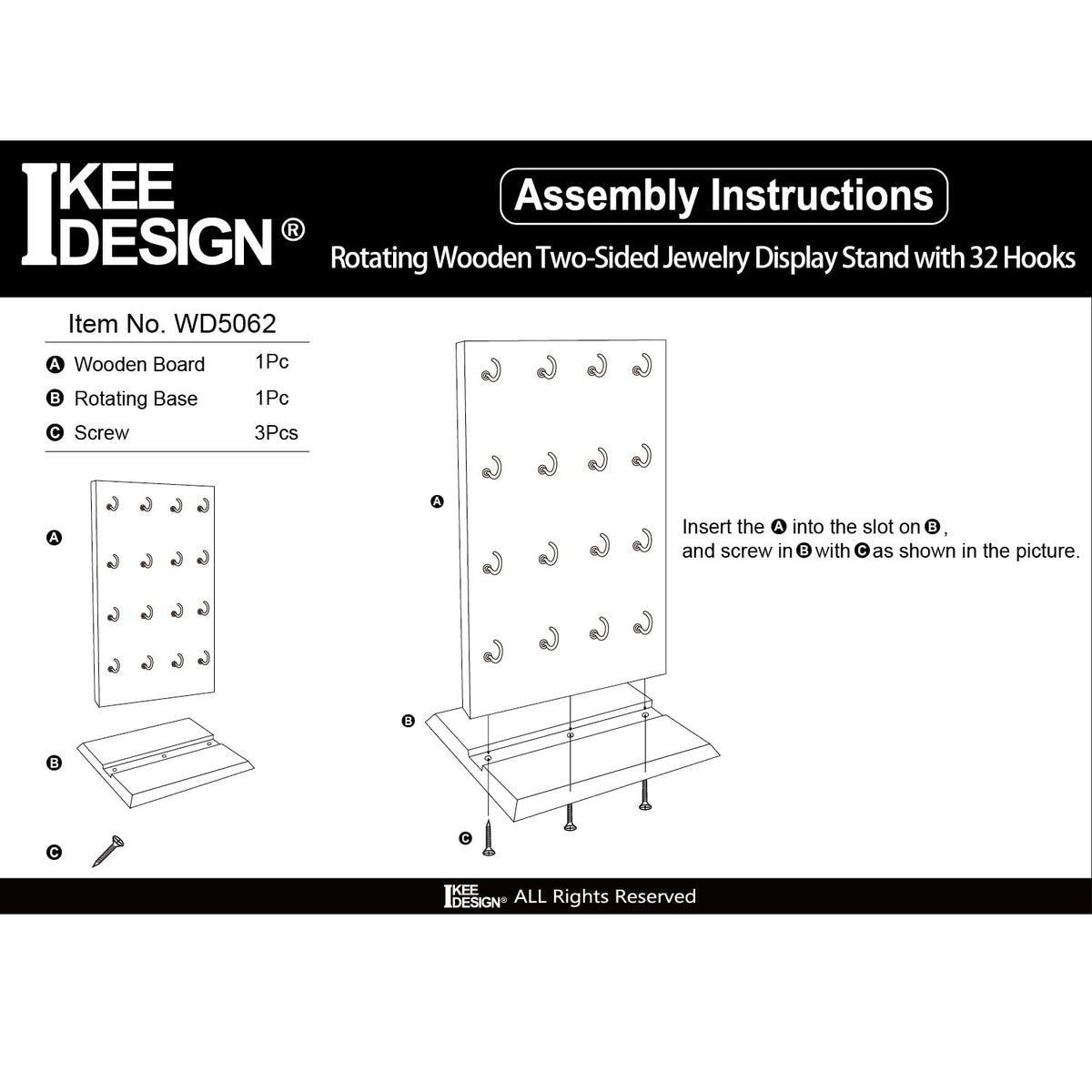Ikee Design Wooden Rotating Two-Sided Jewelry Display Stand, Rotating Organizer with 32 Hooks for Store, Earring Keychain Display with Hooks, Brown color, 9 W x 7.5 D x 16.5 H in
