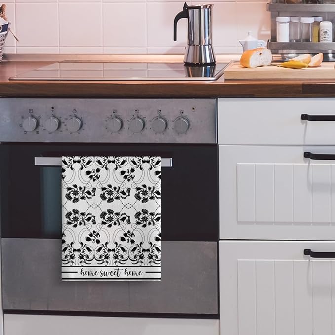 Black Kitchen Towels Decorative Set of 2, Absorbent Boho Floral Dish Towels