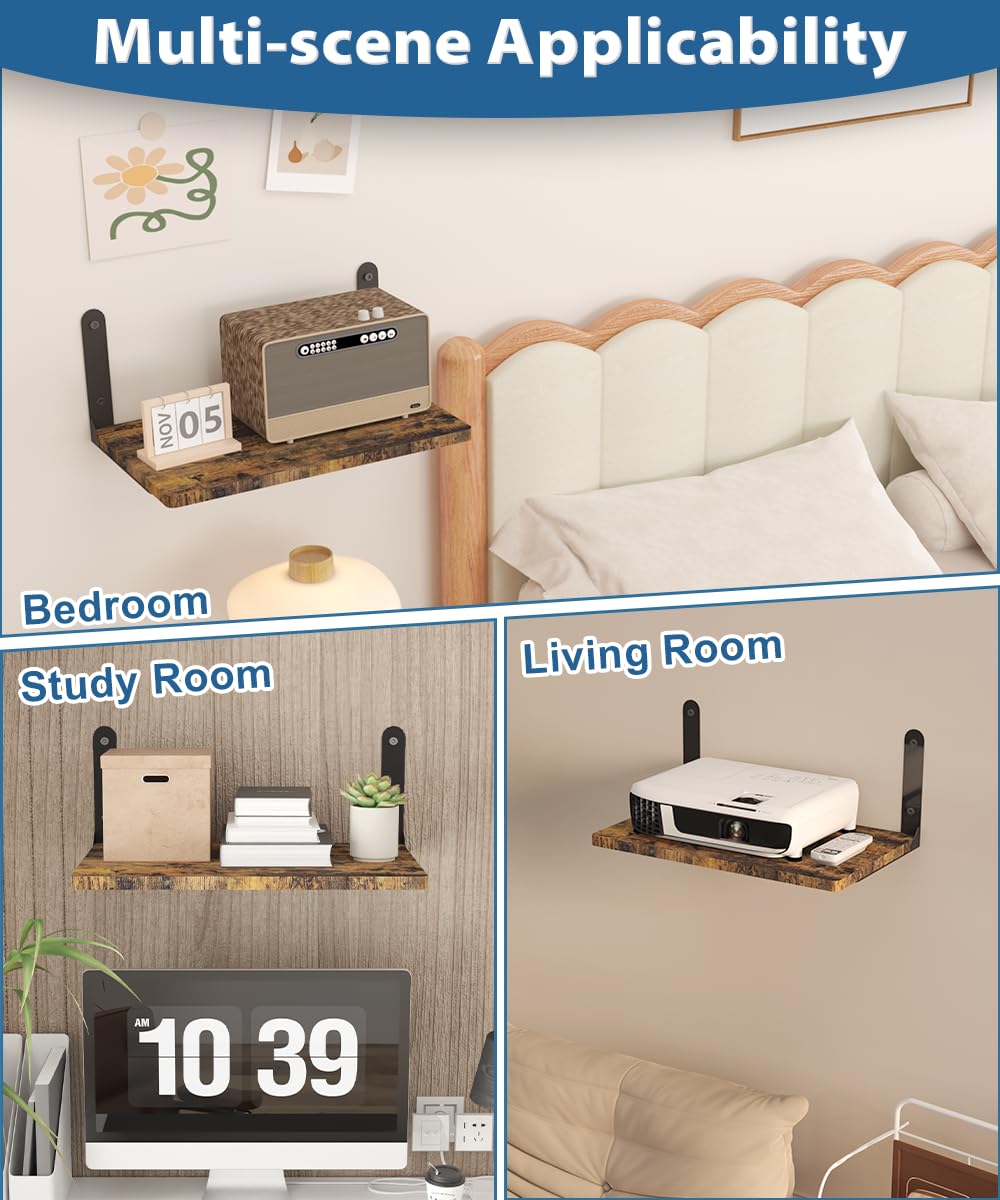 Ardier Wall-Mounted Projector Shelf, Wooden Media Holder Holds Up to 24 lbs, Floating Entertainment Shelves Furniture for Cable Box, WiFi Router, TV Box, Game Console, DVD Player, Black