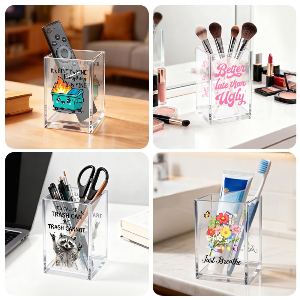 Gkodw Burnt Out But Trying My Best Acrylic Pen Holder Cosmetic Organizer, Funny Dumpster Fire Pen Pencil Holders for Desk, Desk Accessories Office Gifts for Coworker Social Worker Teacher Therapist