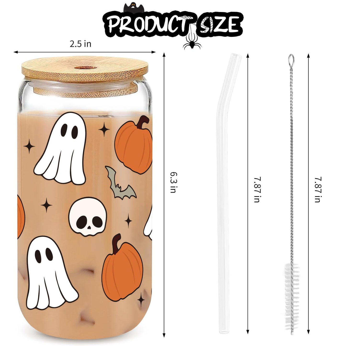 UAREHIBY Halloween Ghost Pumpkin Skull Fall Cup, 18oz Pumpkins Fall Mug, Iced Coffee Glass Tumbler with Lids and Straws, Spooky Glass Cup, Goth Spooky Gifts, Halloween Gifts for Women Kids Teens Adult