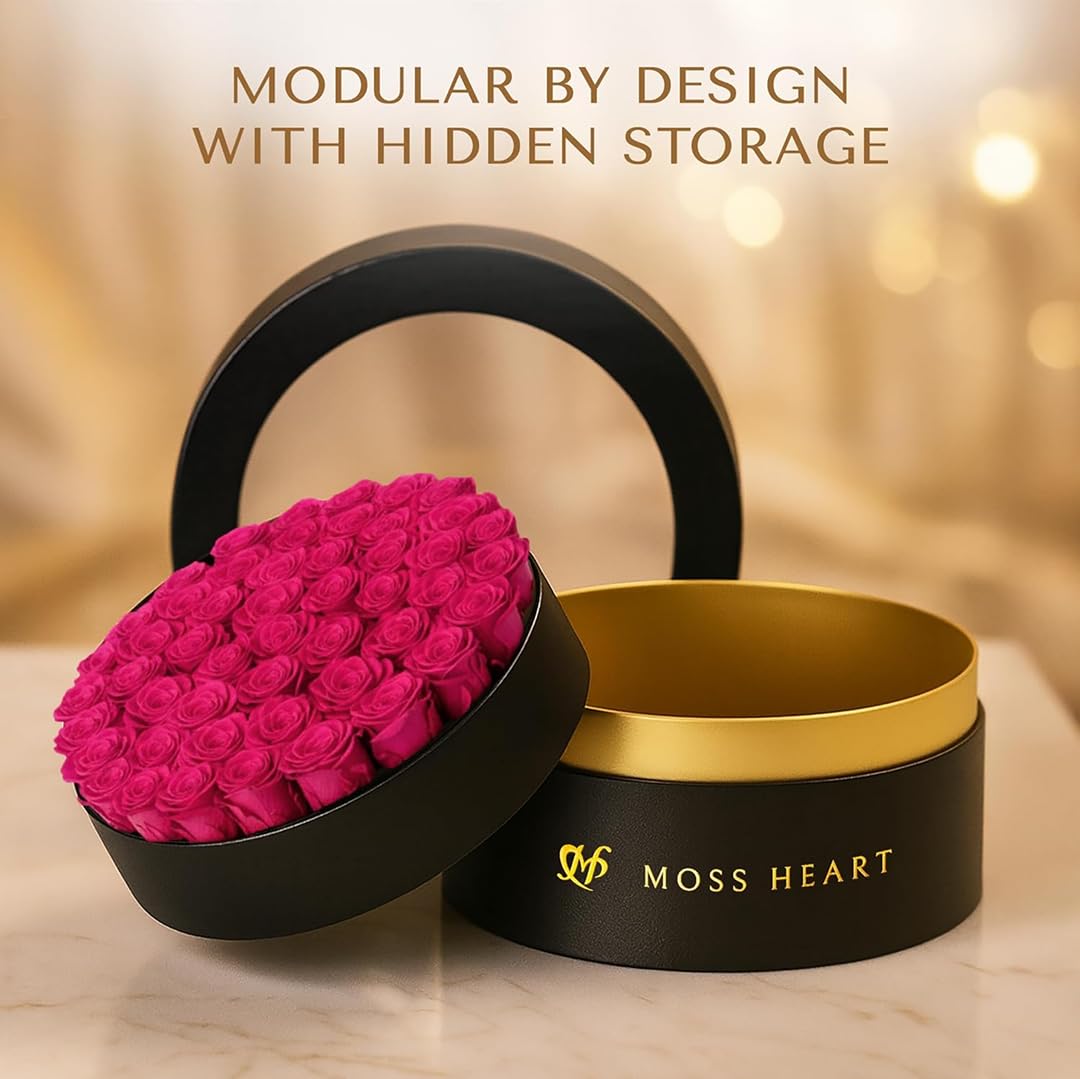 Moss Heart 50 Petite Preserved Roses, Designer Round Box, Real Forever Roses Last 1+ Year, Premium Gift for Women, Wife, Girlfriend, Mother’s Day, Birthday, Anniversary, Valentine’s Day