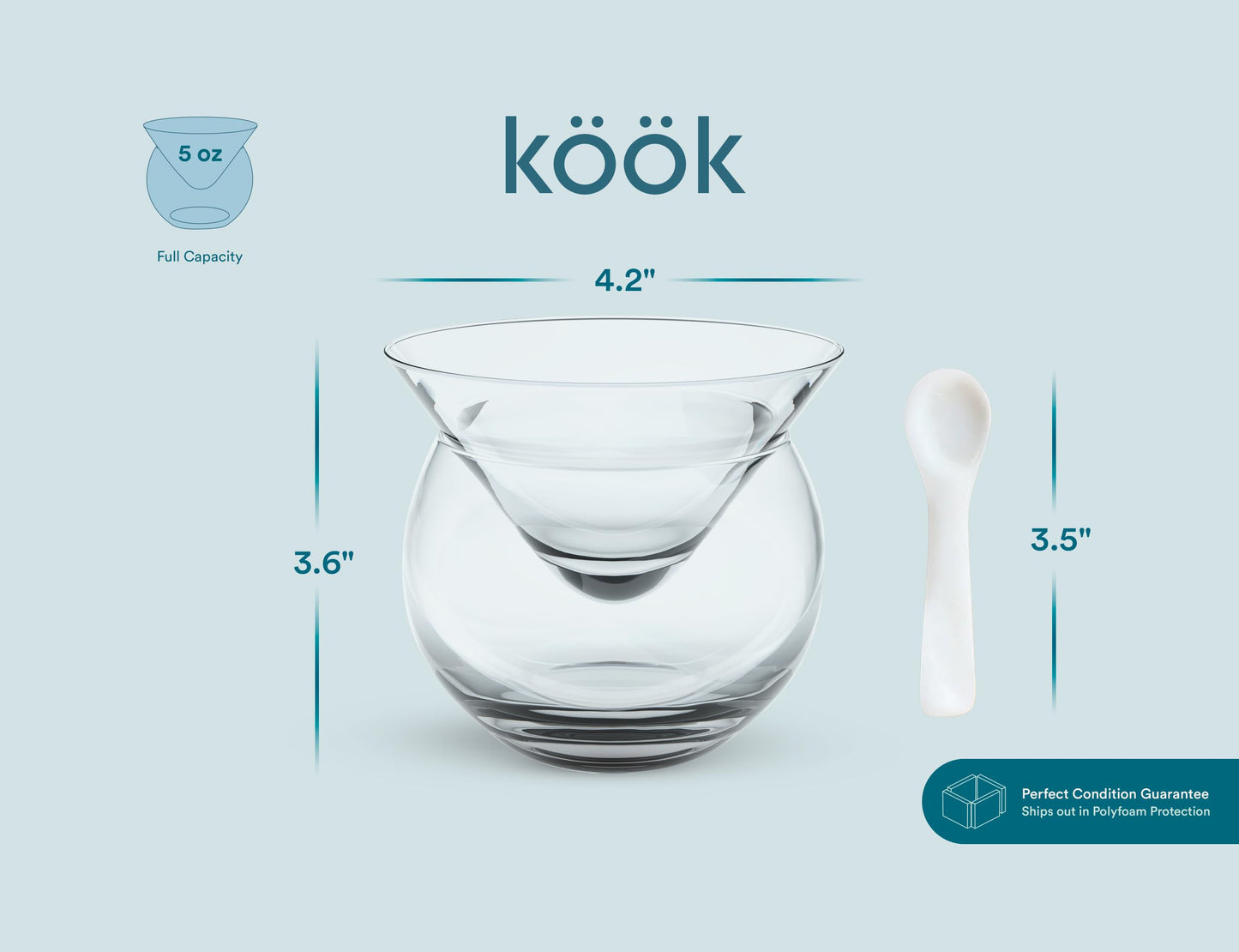 KooK Glass Caviar Chiller Server Set, with Mother of Pearl Spoons, Serving Dish with Ice Holder, for Shrimp, Appetizers, Liquor, Martinis and Cocktails, Dishwasher Safe, 5 oz Bowl, Set of 2
