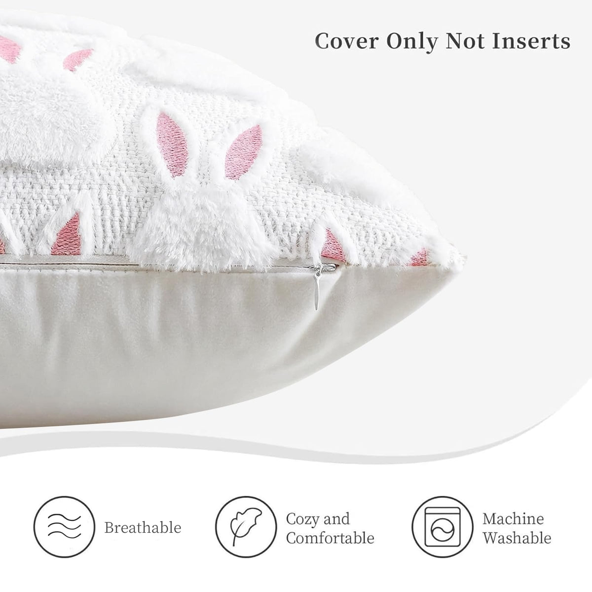 HDVUHKI Easter Throw Pillow Covers 18x18 inch Set of 4, White Pink Bunny Eggs Holiday Living Room Soft Fluffy Plush Faux Fur Wool Decorations for Sofa Couch Bed