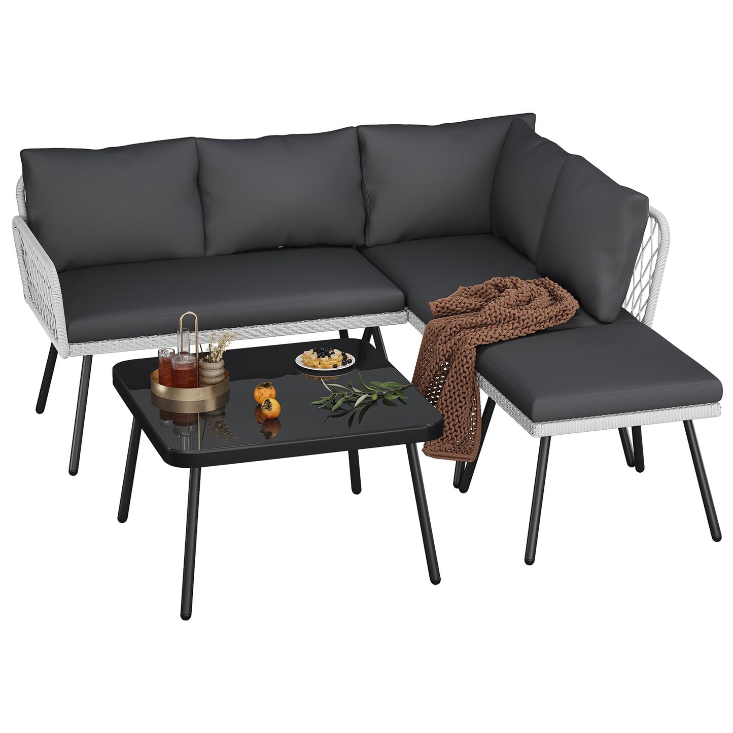 Garvee 4 Piece Patio Furniture Set, Outdoor Wicker Sectional Sofa with 2 Chairs, loveseat & Glass Top Coffee Table, 5mm Cushions inckuded L-Shaped Couch Set for Yard Garden Porch Poolside Sunroom