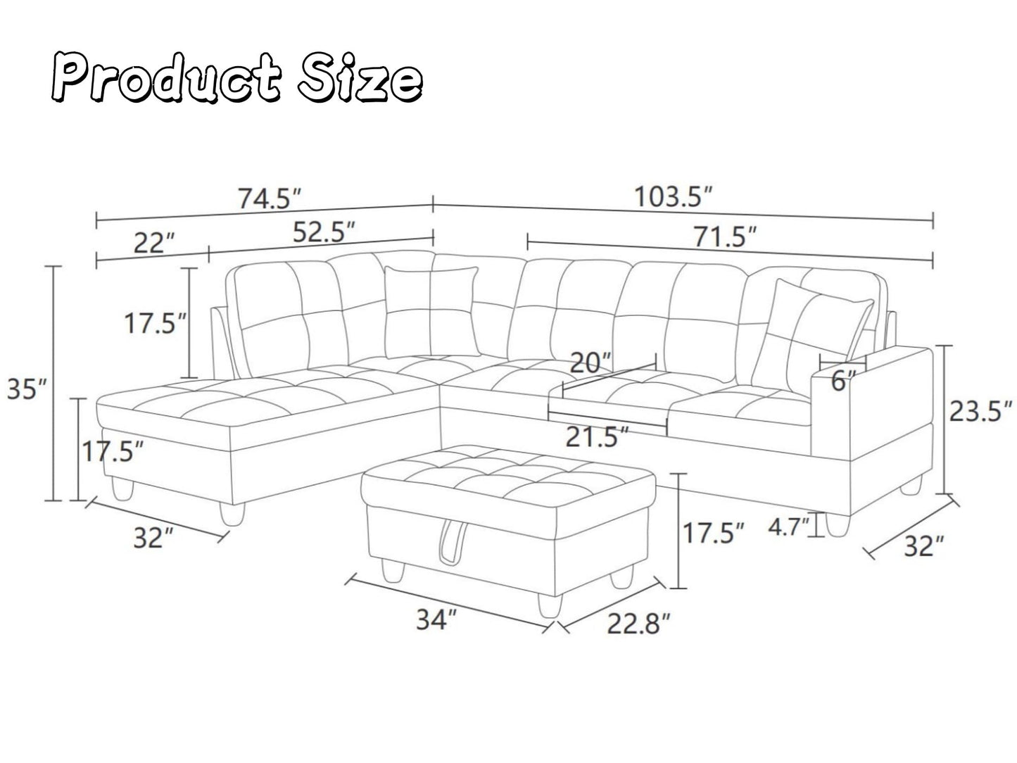 Trygoal 103.5" Sectional Couches for Living Room, Leather 4 Seat L Shaped Couch with Chaise, 3-Piece Modular Sofa with Storage Ottoman, Home Furniture Sets for Apartment Office, Blue
