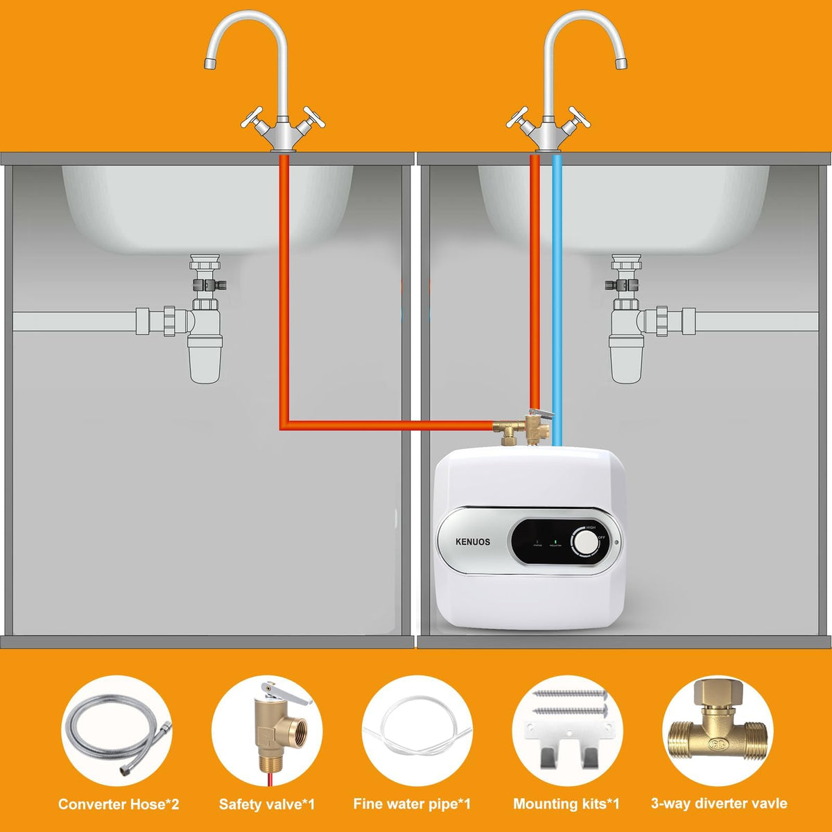 KENUOS 4 Gallon Water Heater Under Sink Instant Hot Water Heaters 1500W 110V 120V Mini Tank Water Heater with T&P Vavle 1/2" NPT for Kitchen,Bathroom,Camper,RV,Grey