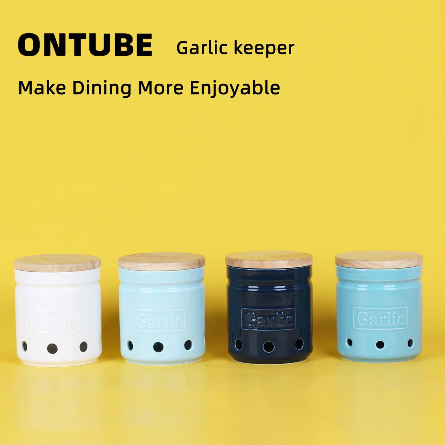 ONTUBE Garlic Keeper with Wooden Lid, 4.5-Inch Ceramic Garlic Holder 24oz (Navy)