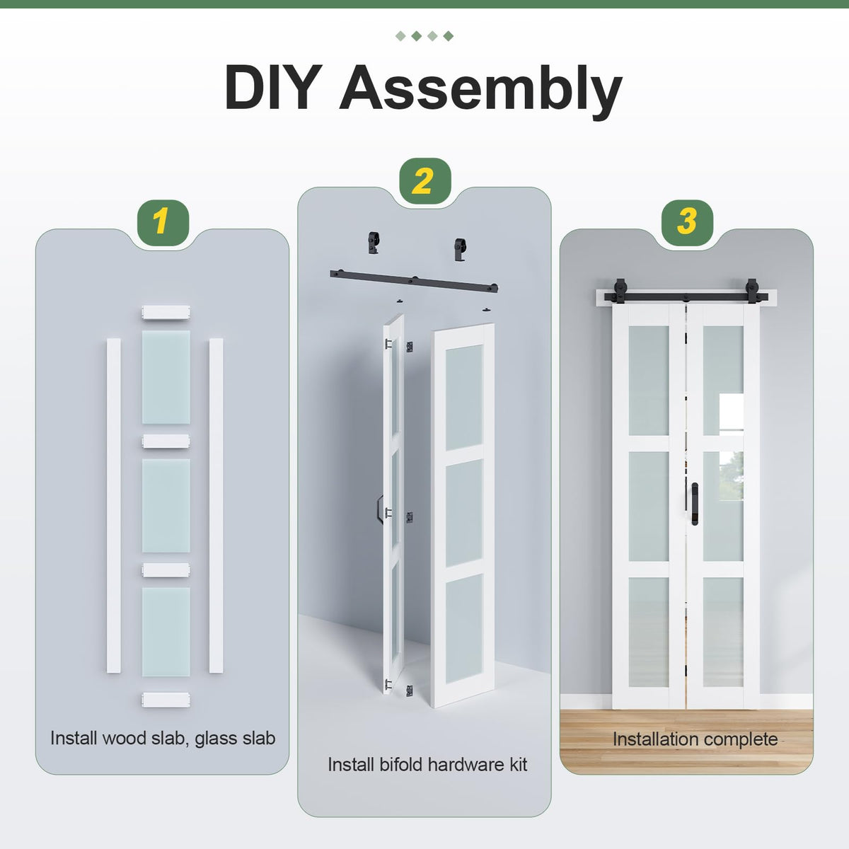 ROYMELO Bifold Barn Door 60x84 Inch (Four 15x84), White Frosted Glass Bifolding Doors with 68" Hardware Kit Included, Closet Sliding Wood Panel Slab, Save Space, Simple DIY Assembly