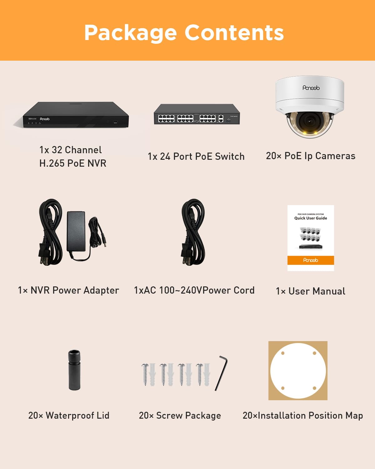 PANOOB 32 Channel Security Camera System, 20x 5MP Wired IK10 Vandal-Proof Dome IP PoE Cameras Outdoor with AI Human Detection, Built-in Microphone, Remote Access, 4K 32CH NVR 8TB HDD, PD54A2032-5M