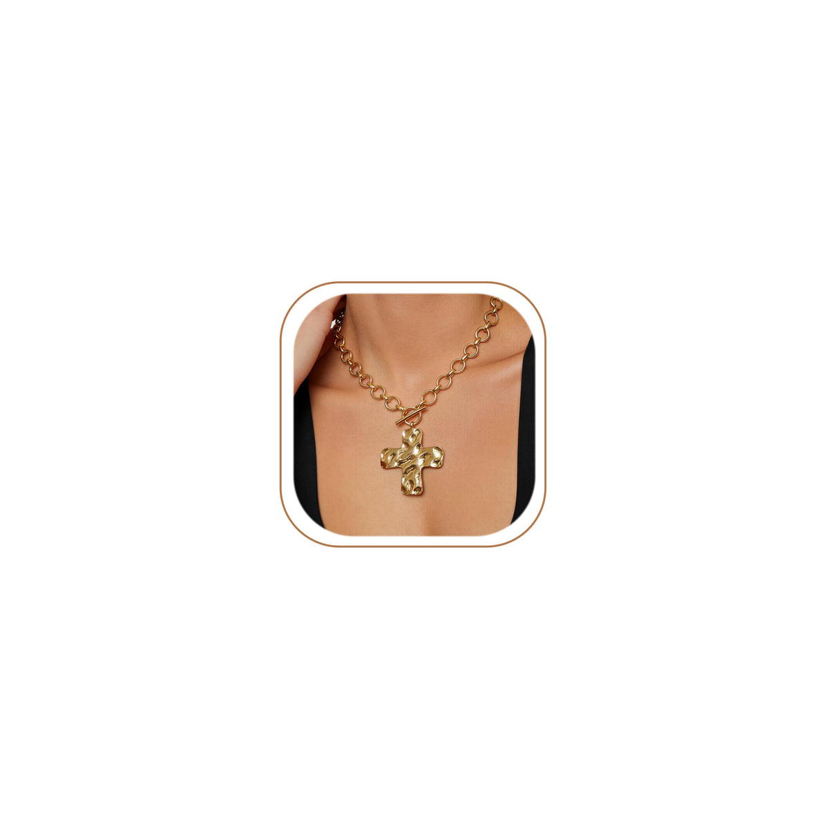 FAXHION Chunky Cross Necklace for Women, Gold Toggle Chain Statement Necklace with Hammered Cross Pendant, Vintage Chunky Necklace Jewelry Gift for Women