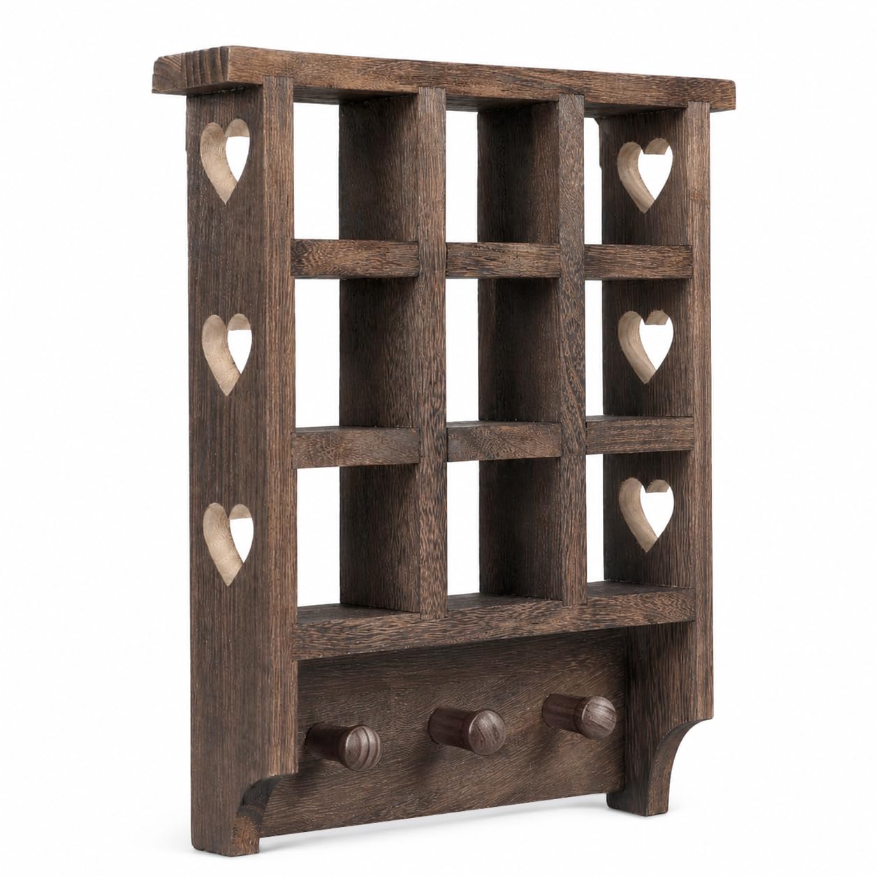 Trinket Shelf, Wooden Heart Shelf, 14 x 12 inch Floating Shelf, Wooden Trinket Shelf with Hearts and Pegs, Figurine Display Shelf, 9 Openings Heart Wall Shelf for Bedroom, Living Room, or Study Room