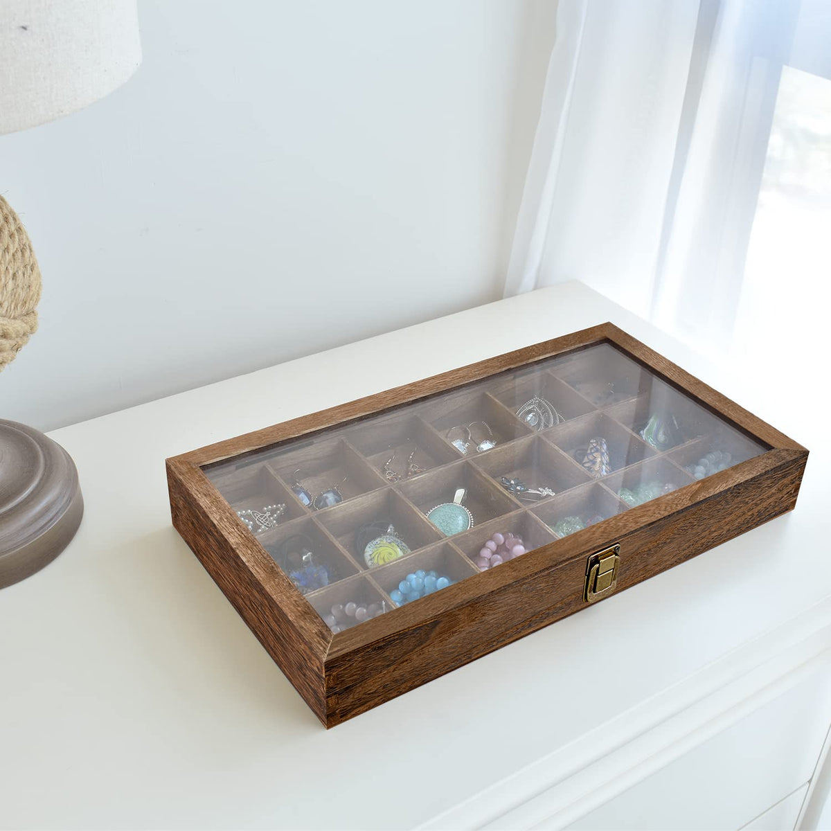 MOOCA Wooden Jewelry Display and Beads Display Storage Case with Tempered Glass Lid , 18 Compartments, 15" W x 8 3/8" L x 2 1/8" H, Brown Color