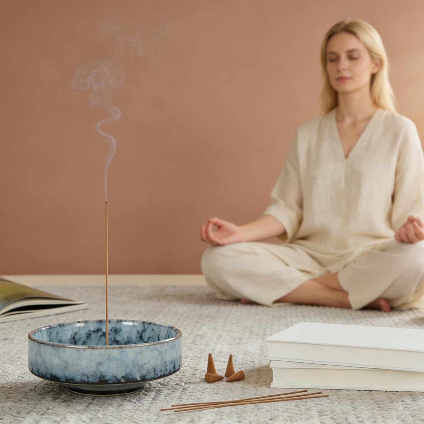 Fluvie 5.9" Ceramic Incense Holder with 10 Holes,5in1 Incense Tray for Sticks,Coil,Cone,Sage,Palo Santo,Handcrafted Burner Ash Catcher Smudge Bowl for Yoga Meditation Energy Cleansing Room Décor,Blue