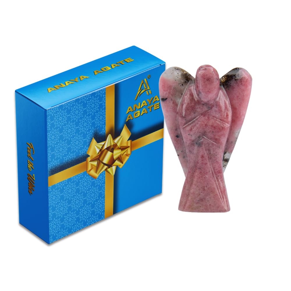 ANAYA AGATE Rhodonite Angel Statue 2" Certified Gemstone Guardian Angel Natural Crystal Angel Hand-Carved Angel Charms for Protection, Stress Reduction, Positive Energy Crystal Figurines Décor