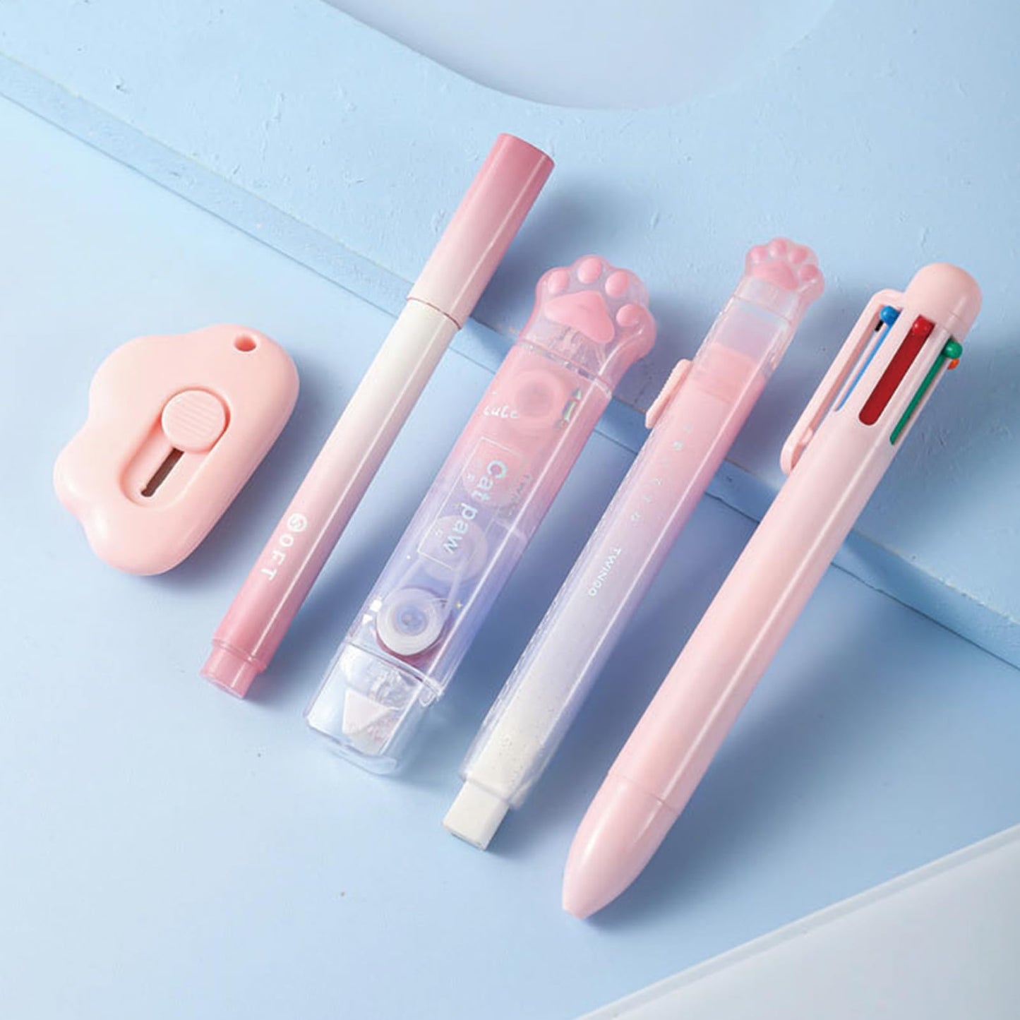 MOZXIRZ 9 Pcs Cute Pink Stationery Set Cat Paw School Supplies Kawaii Office Supplies Including Pens Pencil Sharpener Highlighter Eraser Correction Tape Ruler Utility Knife (Cat Paw-Pink)