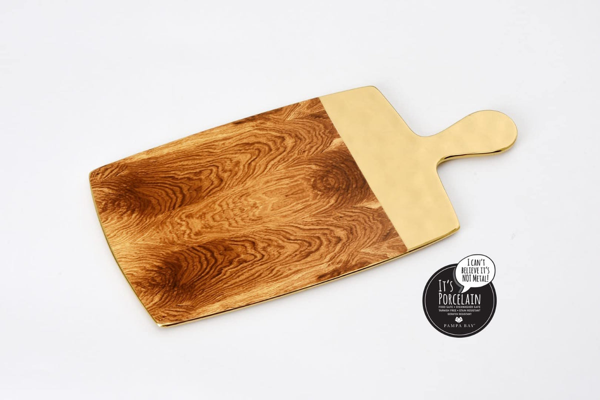 Pampa Bay Wood Look Titanium-Plated Porcelain Rectangular Serving Board, 15.5 x 8 Inch, Gold/White/Wood look